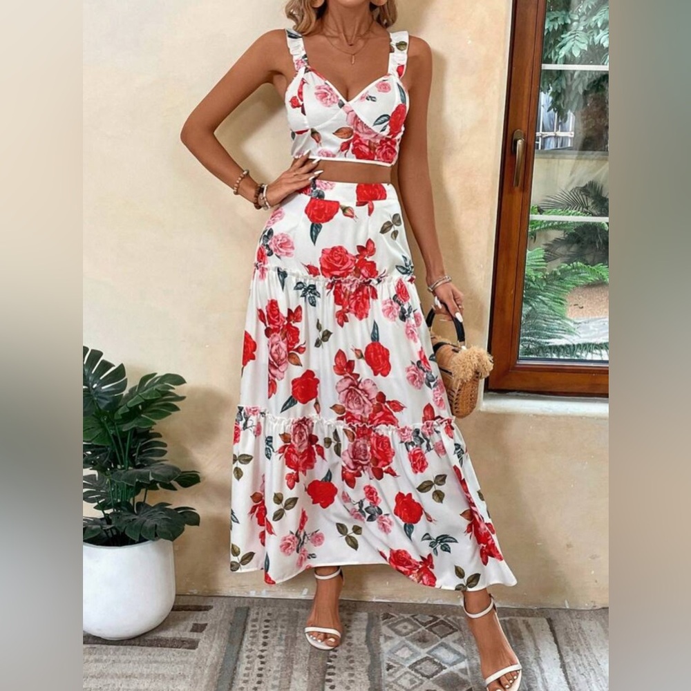 Floral Maxi Skirt - Red and Green - Picture 3 of 9